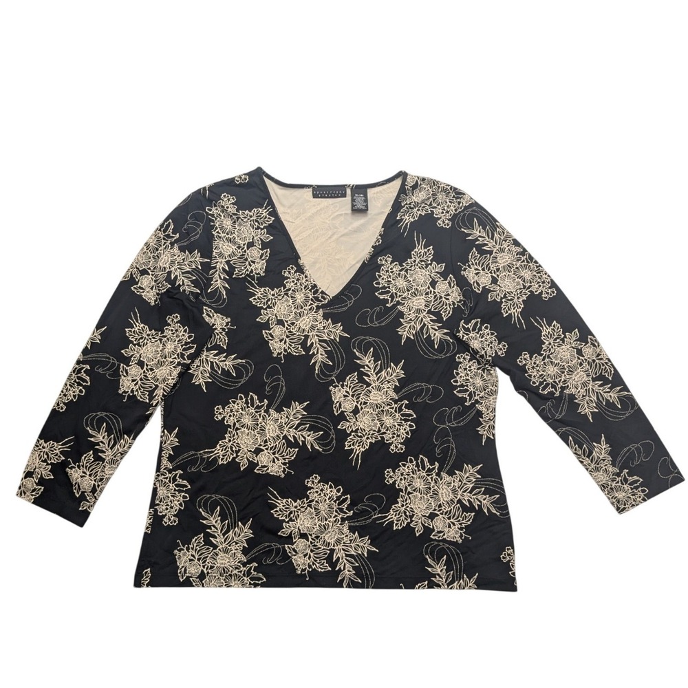 Apostrophe Floral V-Neck Top Womens XL Black Cream‎ Long Sleeve Stretch Blouse